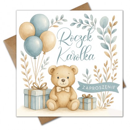 Pierwsze urodziny, roczek, miś, balony, prezenty.