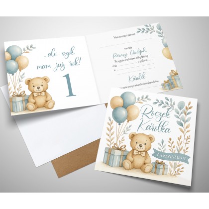 Pierwsze urodziny, roczek, miś, balony, prezenty.