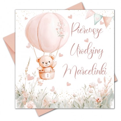 Pierwsze urodziny, roczek, miś w balonie.