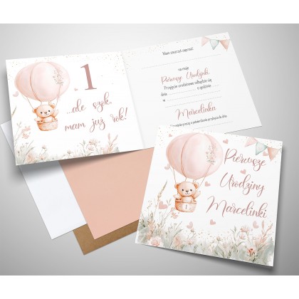 Pierwsze urodziny, roczek, miś w balonie.