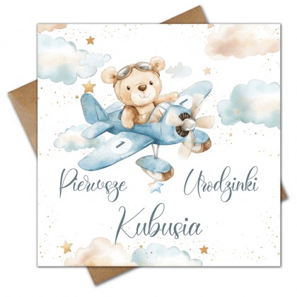 Pierwsze urodziny, roczek, miś w samolocie.