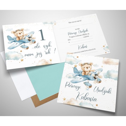 Pierwsze urodziny, roczek, miś w samolocie.