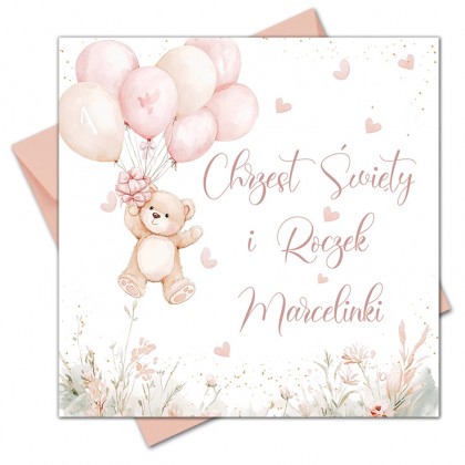 Zaproszenia na chrzest i roczek 2w1 Miś i Balony