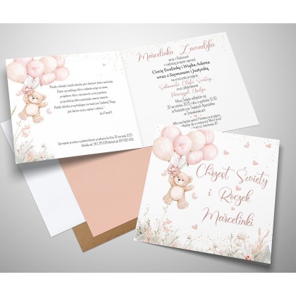 Zaproszenia na chrzest i roczek 2w1 Miś i Balony