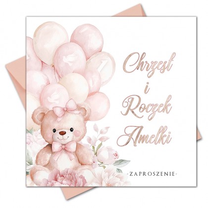 Zaproszenia na chrzest i roczek 2w1 Miś i Balony