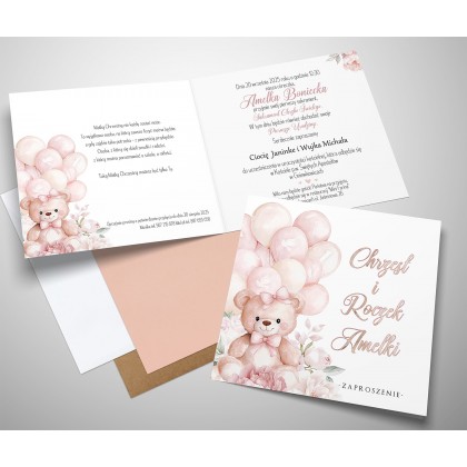 Zaproszenia na chrzest i roczek 2w1 Miś i Balony
