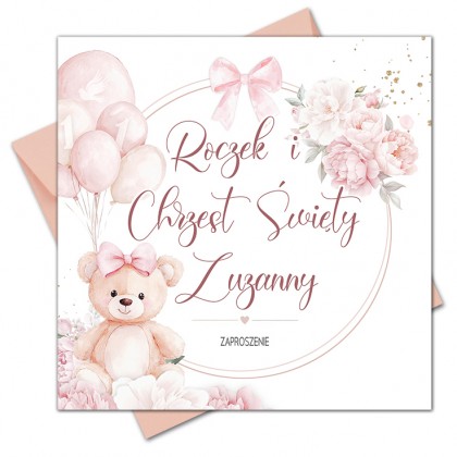 Zaproszenia na chrzest i roczek 2w1 Miś i Balony