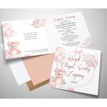 Zaproszenia na chrzest i roczek 2w1 Miś i Balony
