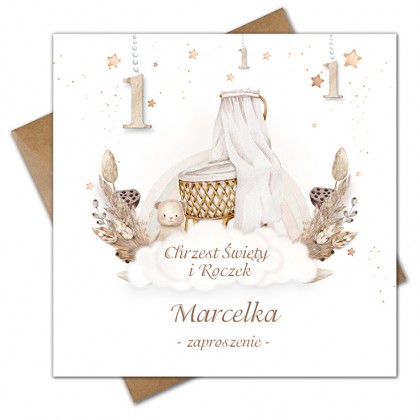Zaproszenia na chrzest i roczek 2w1 boho kołyska