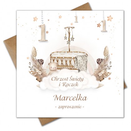 Zaproszenia na chrzest i roczek 2w1 boho kołyska