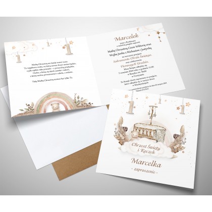 Zaproszenia na chrzest i roczek 2w1 boho kołyska