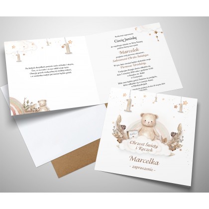 Zaproszenia na chrzest i roczek 2w1 boho miś