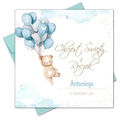Zaproszenia na chrzest i roczek 2w1 miś baloniki