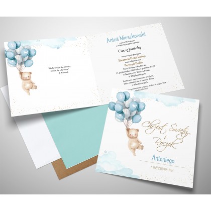 Zaproszenia na chrzest i roczek 2w1 miś baloniki