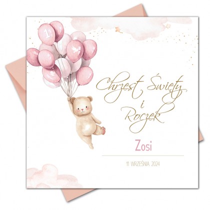 Zaproszenia na chrzest i roczek 2w1 miś baloniki
