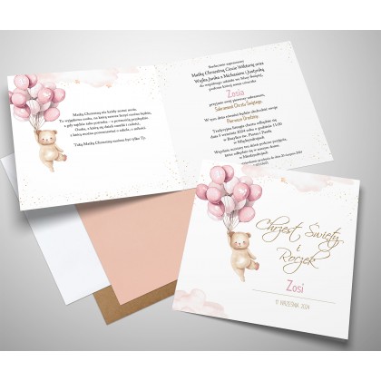Zaproszenia na chrzest i roczek 2w1 miś baloniki