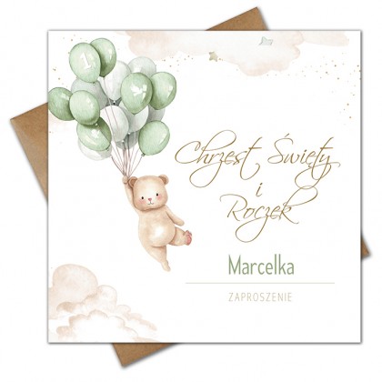 Zaproszenia na chrzest i roczek 2w1 miś baloniki