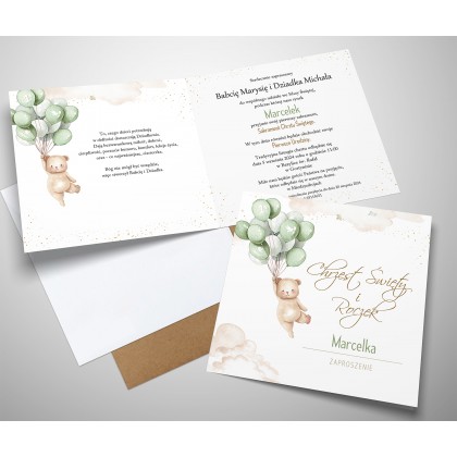 Zaproszenia na chrzest i roczek 2w1 miś baloniki